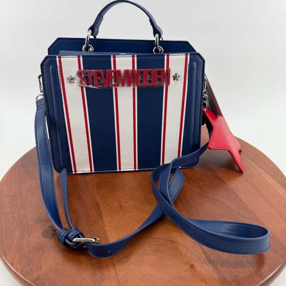 Steve Madden Bevlynn Stripe Satchel Crossbody Navy Blue Red White Star Charm NWT